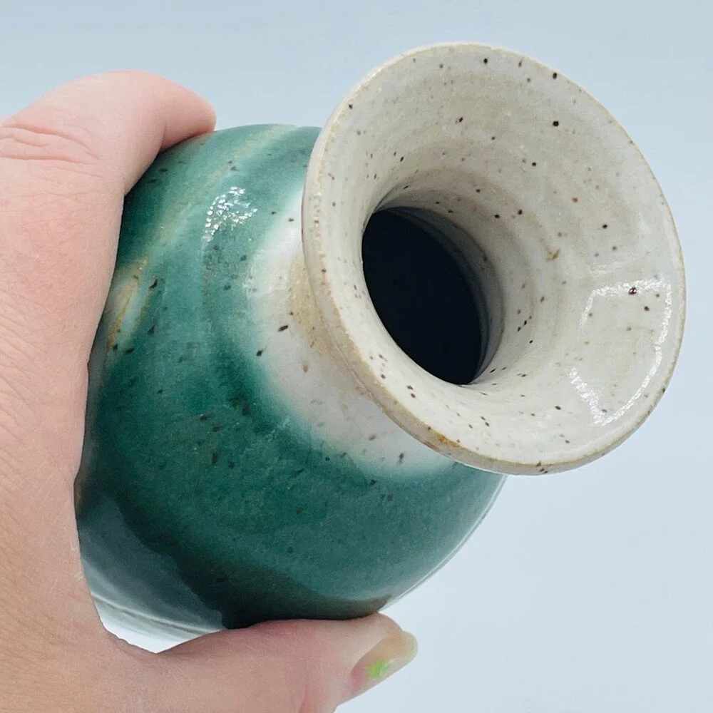 Vintage Handmade Pottery Ceramic Vase Green Gold Speckled Glaze 5